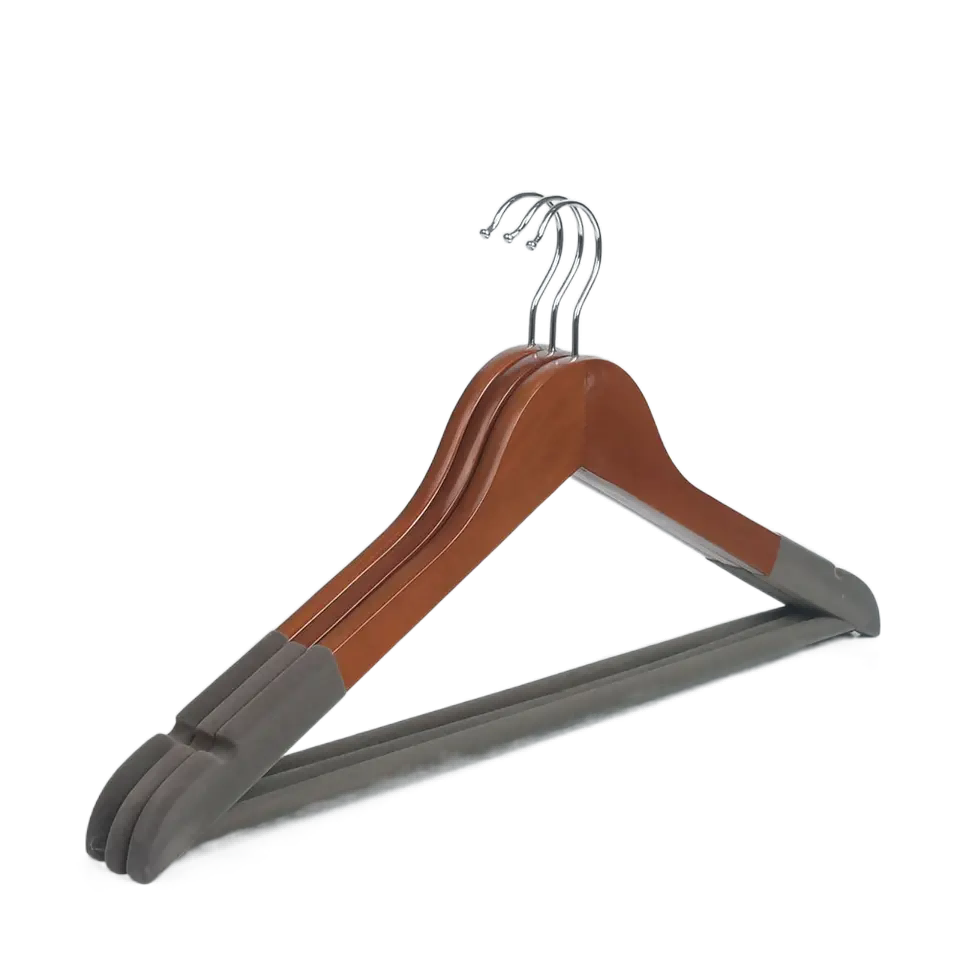 WH020 Velvet shoulder Wooden top hanger with bar